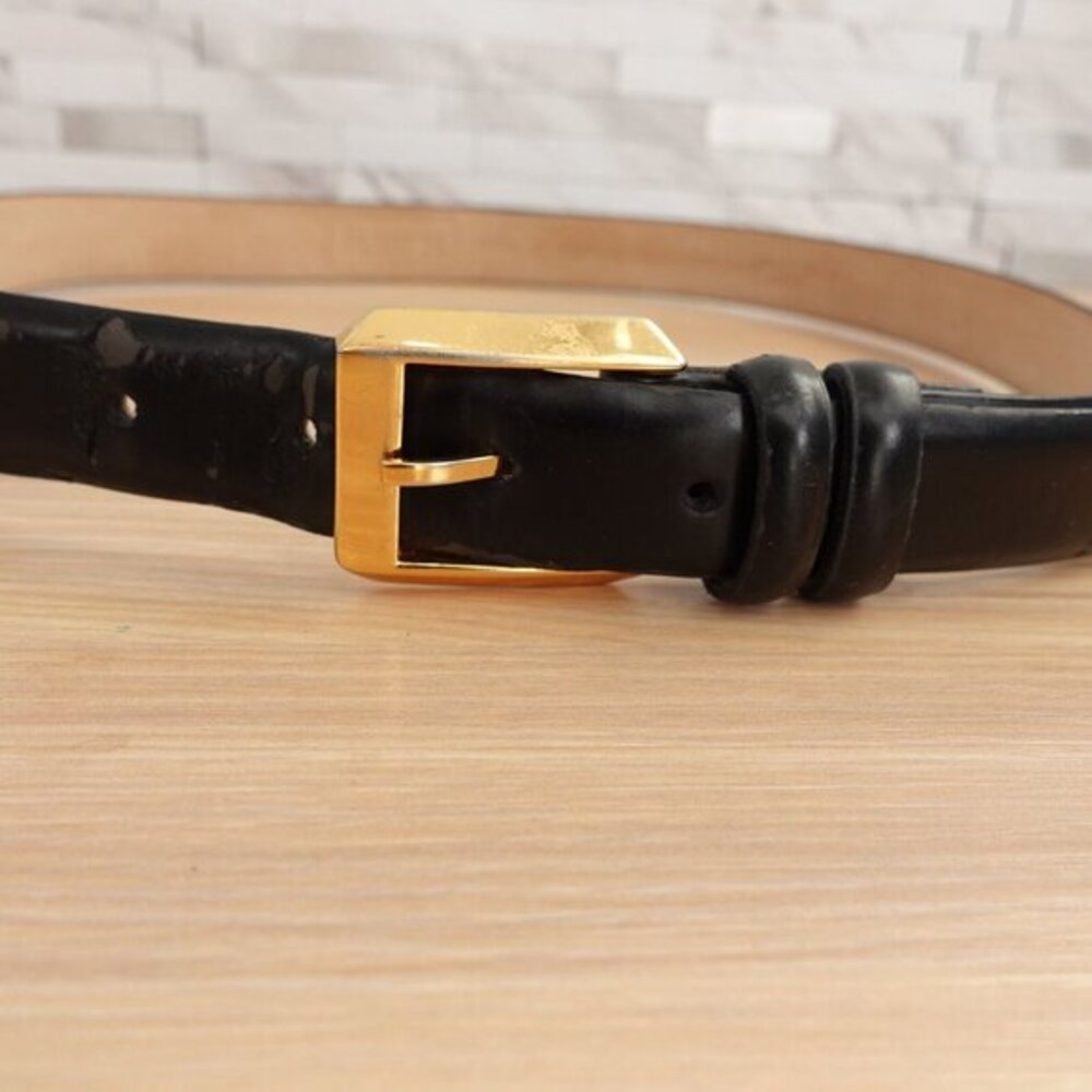 90s Old Money Italian Leather Dress Belt Womens SMALL Black Gold Buckle THE RITZ
